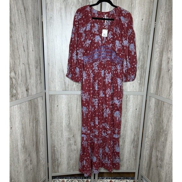 Free People Dress Womens Large Golden Hour Maxi Wine Combo V Neckline Floral L - Picture 1 of 8